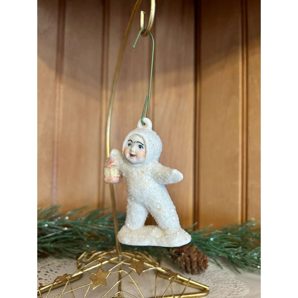 Vintage GlitterSnow Baby Christmas Ornament Figurine with Lantern